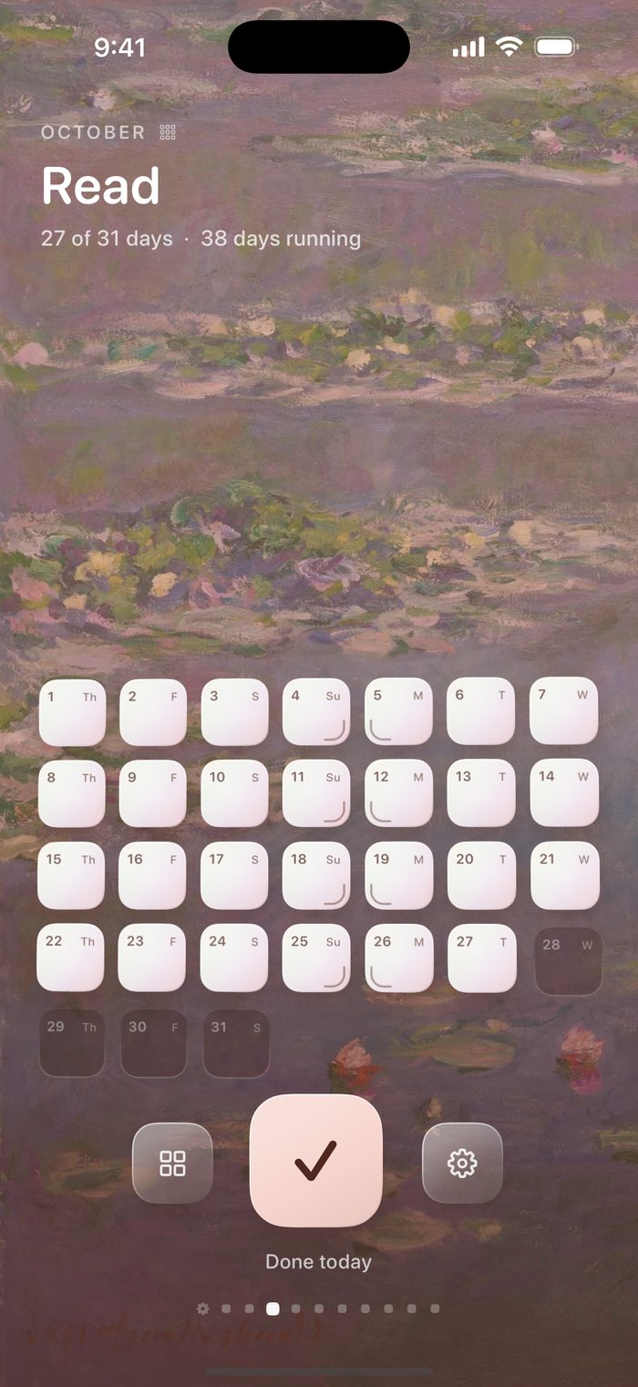 Read's month as small pearl tiles over Monet's Water Lilies