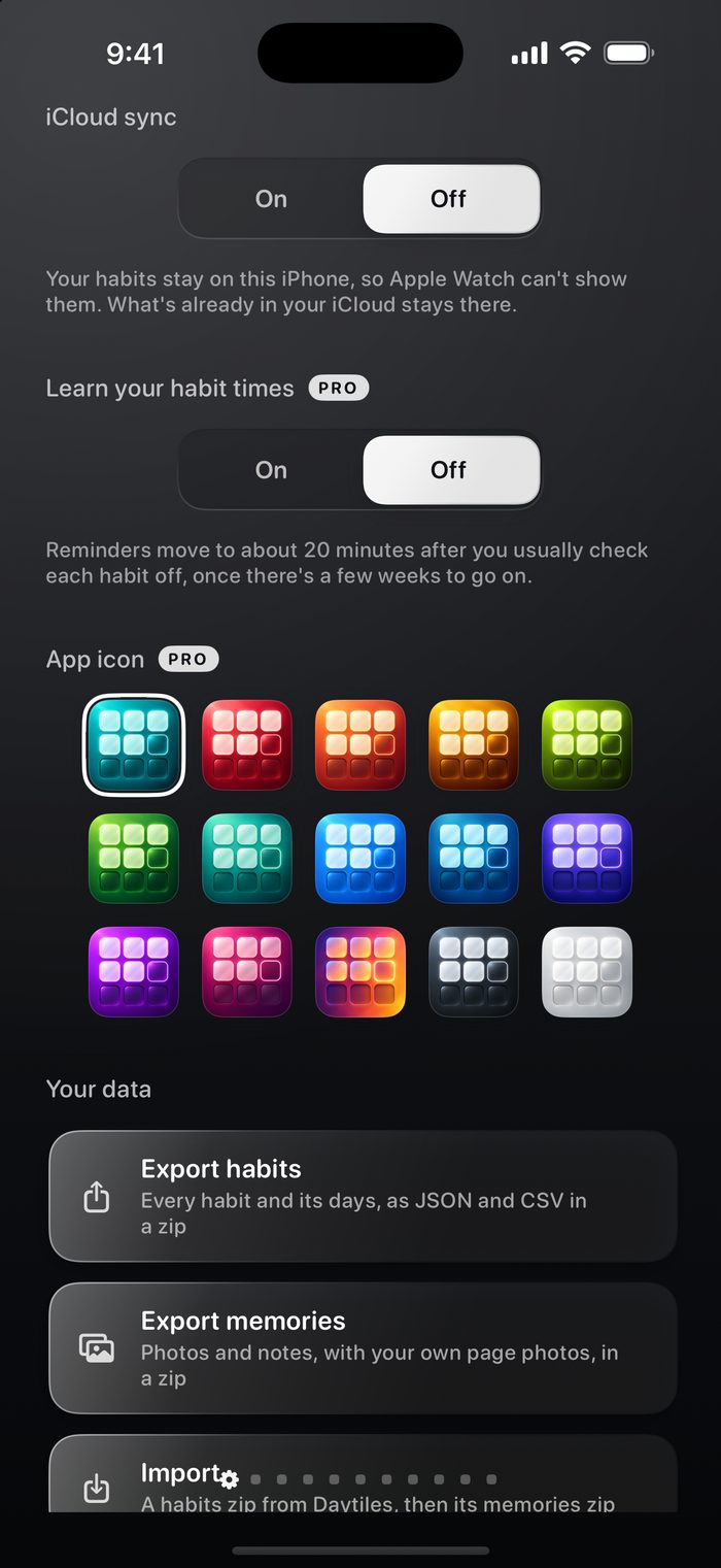 Settings: iCloud sync, app icons and exporting your data