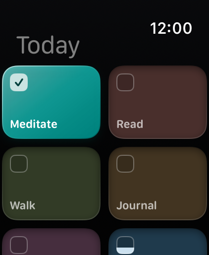 Today's habits as tiles on an Apple Watch, with Meditate done