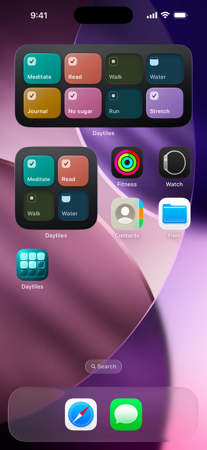 Two Daytiles widgets on the Home Screen with today's habits